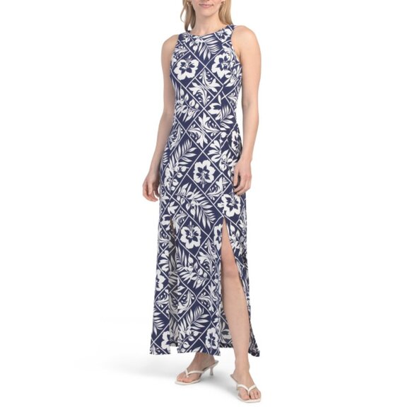 LONDON TIMES Navy/white Printed Maxi Dress With Slit Leg